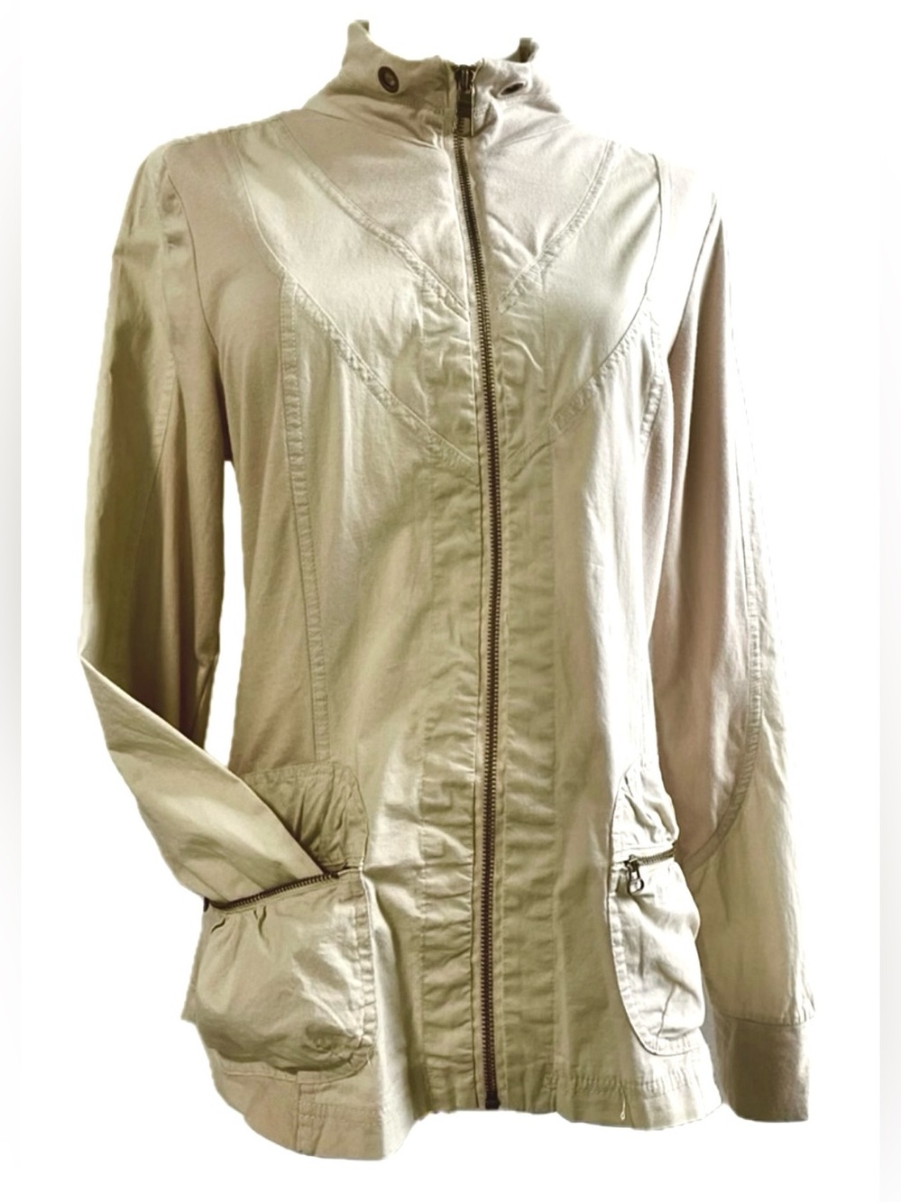 XCVI Large Women Almond Poplin Fitted Chevron Gorpcore Utility Cargo Jacket Zip